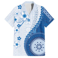 Bula Fiji Family Matching Short Sleeve Bodycon Dress and Hawaiian Shirt Blue Plumeria Masi Tapa Pattern - Polynesian Pride