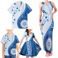 Bula Fiji Family Matching Tank Maxi Dress and Hawaiian Shirt Blue Plumeria Masi Tapa Pattern - Polynesian Pride