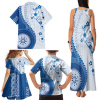 Bula Fiji Family Matching Tank Maxi Dress and Hawaiian Shirt Blue Plumeria Masi Tapa Pattern - Polynesian Pride