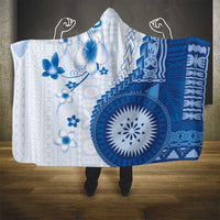 Bula Fiji Hooded Blanket Blue Plumeria Masi Tapa Pattern - Polynesian Pride