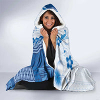 Bula Fiji Hooded Blanket Blue Plumeria Masi Tapa Pattern - Polynesian Pride