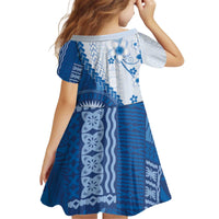 Bula Fiji Kid Short Sleeve Dress Blue Plumeria Masi Tapa Pattern - Polynesian Pride