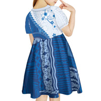 Bula Fiji Kid Short Sleeve Dress Blue Plumeria Masi Tapa Pattern LT05 - Polynesian Pride