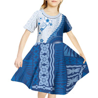Bula Fiji Kid Short Sleeve Dress Blue Plumeria Masi Tapa Pattern - Polynesian Pride