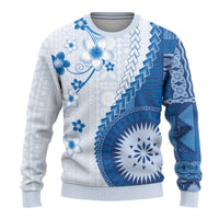 Bula Fiji Ugly Christmas Sweater Blue Plumeria Masi Tapa Pattern - Polynesian Pride