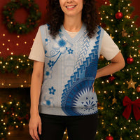 Bula Fiji Christmas Knitted V-Neck Vest Blue Plumeria Masi Tapa Pattern - Polynesian Pride