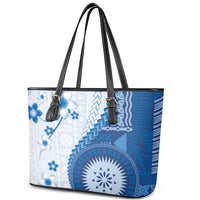 Bula Fiji Leather Tote Bag Blue Plumeria Masi Tapa Pattern - Polynesian Pride