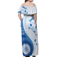Bula Fiji Off Shoulder Maxi Dress Blue Plumeria Masi Tapa Pattern - Polynesian Pride