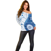 Bula Fiji Off Shoulder Sweater Blue Plumeria Masi Tapa Pattern - Polynesian Pride