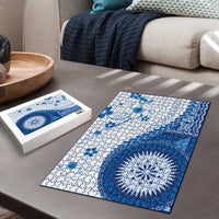 Bula Fiji Puzzle Blue Plumeria Masi Tapa Pattern - Polynesian Pride