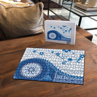 Bula Fiji Puzzle Blue Plumeria Masi Tapa Pattern - Polynesian Pride