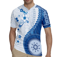 Bula Fiji Rugby Jersey Blue Plumeria Masi Tapa Pattern LT05 - Polynesian Pride