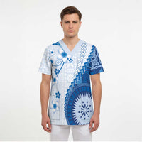 Bula Fiji Scrub Top Blue Plumeria Masi Tapa Pattern - Polynesian Pride