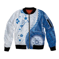 Bula Fiji Sleeve Zip Bomber Jacket Blue Plumeria Masi Tapa Pattern - Polynesian Pride