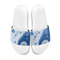 Bula Fiji Slide Sandals Blue Plumeria Masi Tapa Pattern - Polynesian Pride
