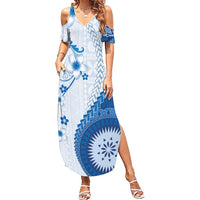 Bula Fiji Summer Maxi Dress Blue Plumeria Masi Tapa Pattern LT05 Women Blue - Polynesian Pride