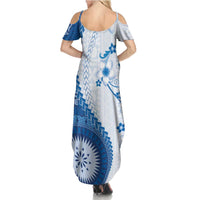 Bula Fiji Summer Maxi Dress Blue Plumeria Masi Tapa Pattern LT05 - Polynesian Pride