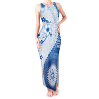 Bula Fiji Tank Maxi Dress Blue Plumeria Masi Tapa Pattern LT05 Women Blue - Polynesian Pride