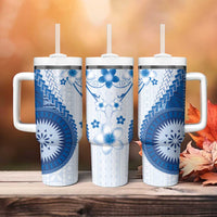 Bula Fiji Tumbler With Handle Blue Plumeria Masi Tapa Pattern - Polynesian Pride