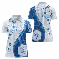 Bula Fiji Women Polo Shirt Blue Plumeria Masi Tapa Pattern - Polynesian Pride