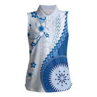 Bula Fiji Women Sleeveless Polo Shirt Blue Plumeria Masi Tapa Pattern - Polynesian Pride