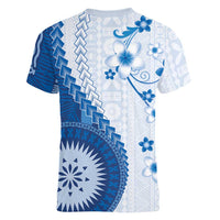 Bula Fiji Women V-Neck T-Shirt Blue Plumeria Masi Tapa Pattern LT05 - Polynesian Pride