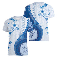 Bula Fiji Women V-Neck T-Shirt Blue Plumeria Masi Tapa Pattern LT05 - Polynesian Pride