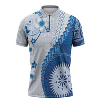 Bula Fiji Zipper Polo Shirt Blue Plumeria Masi Tapa Pattern LT05 Blue - Polynesian Pride