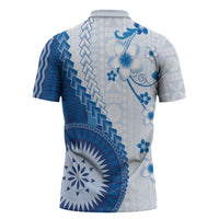 Bula Fiji Zipper Polo Shirt Blue Plumeria Masi Tapa Pattern - Polynesian Pride