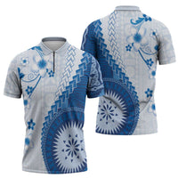 Bula Fiji Zipper Polo Shirt Blue Plumeria Masi Tapa Pattern LT05 - Polynesian Pride