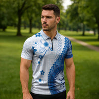 Bula Fiji Zipper Polo Shirt Blue Plumeria Masi Tapa Pattern LT05 - Polynesian Pride