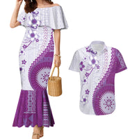 Bula Fiji Couples Matching Mermaid Dress and Hawaiian Shirt Violet Plumeria Masi Tapa Pattern - Polynesian Pride