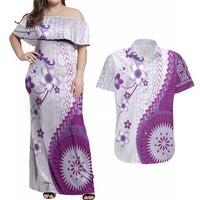Bula Fiji Couples Matching Off Shoulder Maxi Dress and Hawaiian Shirt Violet Plumeria Masi Tapa Pattern LT05 Violet - Polynesian Pride