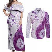 Bula Fiji Couples Matching Off Shoulder Maxi Dress and Long Sleeve Button Shirt Violet Plumeria Masi Tapa Pattern - Polynesian Pride