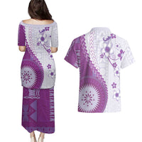 Bula Fiji Couples Matching Puletasi and Hawaiian Shirt Violet Plumeria Masi Tapa Pattern LT05 - Polynesian Pride
