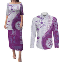 Bula Fiji Couples Matching Puletasi and Long Sleeve Button Shirt Violet Plumeria Masi Tapa Pattern LT05 Violet - Polynesian Pride
