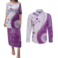 Bula Fiji Couples Matching Puletasi and Long Sleeve Button Shirt Violet Plumeria Masi Tapa Pattern - Polynesian Pride