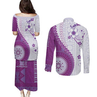 Bula Fiji Couples Matching Puletasi and Long Sleeve Button Shirt Violet Plumeria Masi Tapa Pattern LT05 - Polynesian Pride