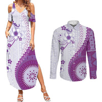 Bula Fiji Couples Matching Summer Maxi Dress and Long Sleeve Button Shirt Violet Plumeria Masi Tapa Pattern LT05 Violet - Polynesian Pride