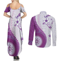 Bula Fiji Couples Matching Summer Maxi Dress and Long Sleeve Button Shirt Violet Plumeria Masi Tapa Pattern LT05 - Polynesian Pride