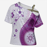 Bula Fiji Cross Shoulder Shirt Violet Plumeria Masi Tapa Pattern LT05 Female Violet - Polynesian Pride