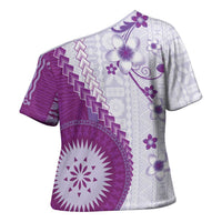 Bula Fiji Cross Shoulder Shirt Violet Plumeria Masi Tapa Pattern LT05 - Polynesian Pride