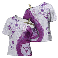 Bula Fiji Cross Shoulder Shirt Violet Plumeria Masi Tapa Pattern LT05 - Polynesian Pride