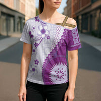 Bula Fiji Cross Shoulder Shirt Violet Plumeria Masi Tapa Pattern LT05 - Polynesian Pride
