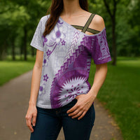Bula Fiji Cross Shoulder Shirt Violet Plumeria Masi Tapa Pattern LT05 - Polynesian Pride