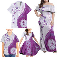 Bula Fiji Family Matching Off Shoulder Maxi Dress and Hawaiian Shirt Violet Plumeria Masi Tapa Pattern - Polynesian Pride