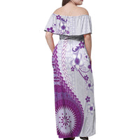 Bula Fiji Family Matching Off Shoulder Maxi Dress and Hawaiian Shirt Violet Plumeria Masi Tapa Pattern - Polynesian Pride