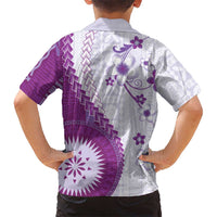 Bula Fiji Family Matching Off Shoulder Short Dress and Hawaiian Shirt Violet Plumeria Masi Tapa Pattern - Polynesian Pride