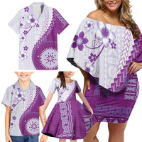 Bula Fiji Family Matching Off Shoulder Short Dress and Hawaiian Shirt Violet Plumeria Masi Tapa Pattern - Polynesian Pride