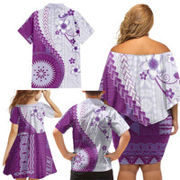 Bula Fiji Family Matching Off Shoulder Short Dress and Hawaiian Shirt Violet Plumeria Masi Tapa Pattern - Polynesian Pride